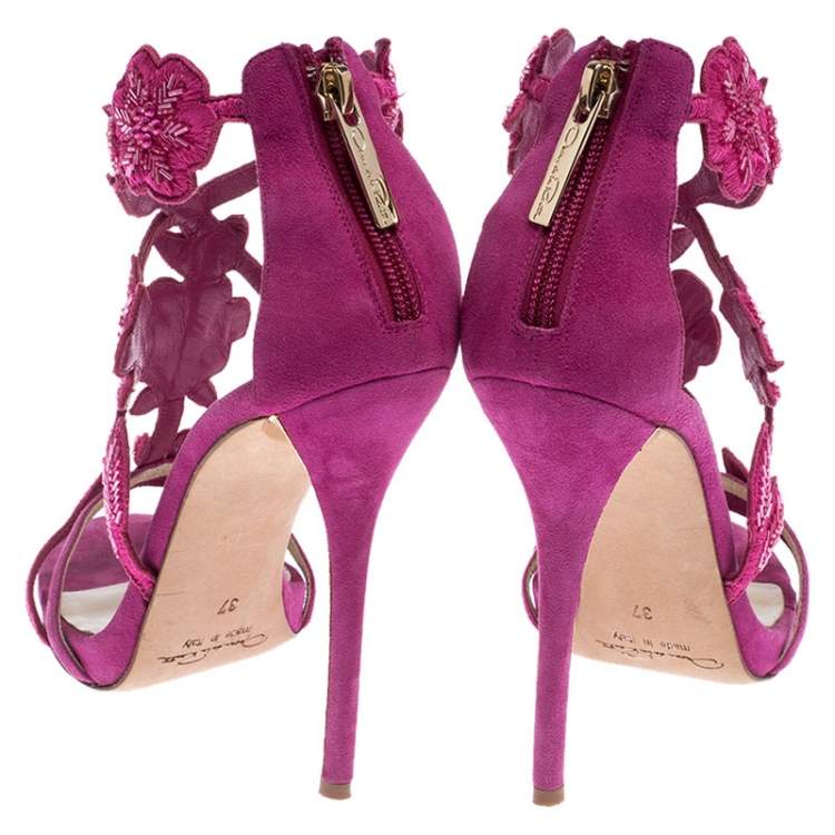 Pre Owned Oscar de la Renta Pink Suede Tatum Embellished T-Strap Sandals Size 37