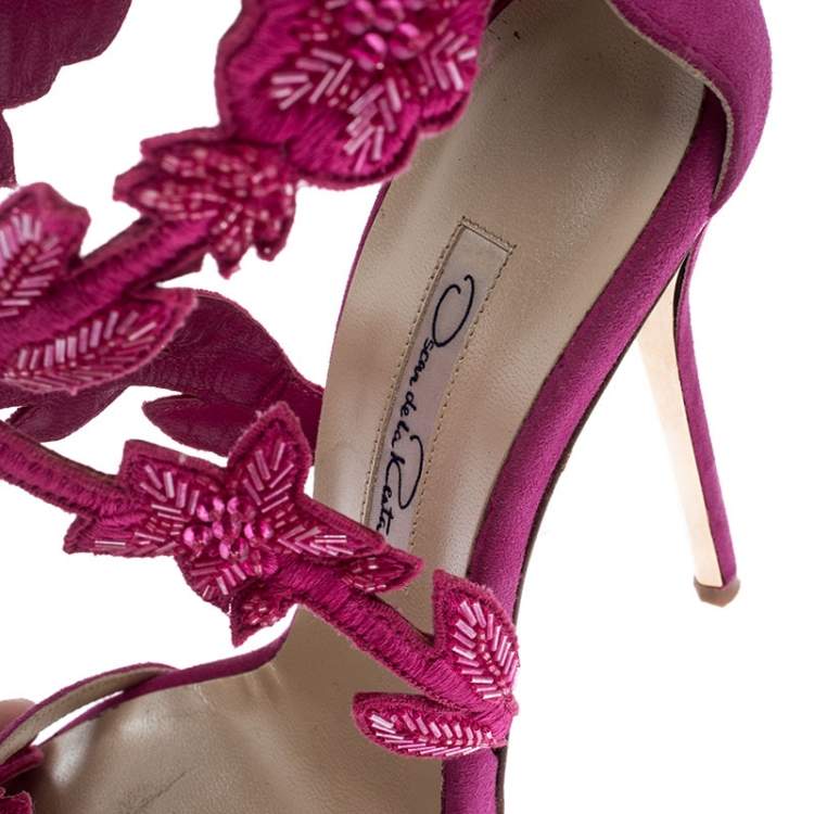 Pre Owned Oscar de la Renta Pink Suede Tatum Embellished T-Strap Sandals Size 37