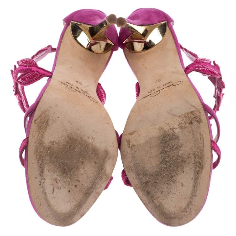 Pre Owned Oscar de la Renta Pink Suede Tatum Embellished T-Strap Sandals Size 37
