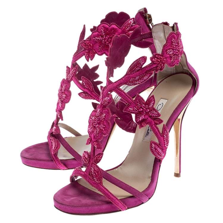 Pre Owned Oscar de la Renta Pink Suede Tatum Embellished T-Strap Sandals Size 37