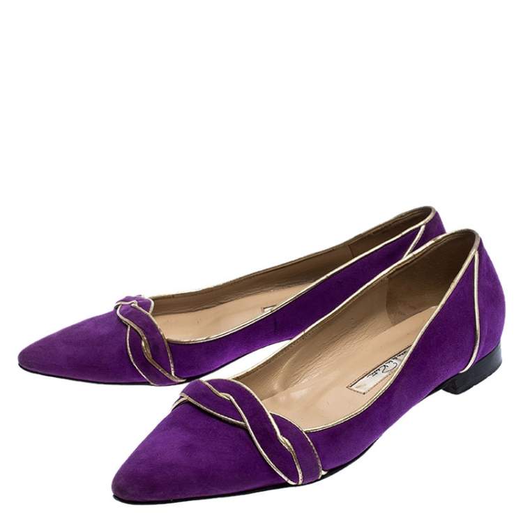 Pre Owned Oscar de la Renta Purple Twisted Suede Pointed Toe Ballets Flats Size 37.5