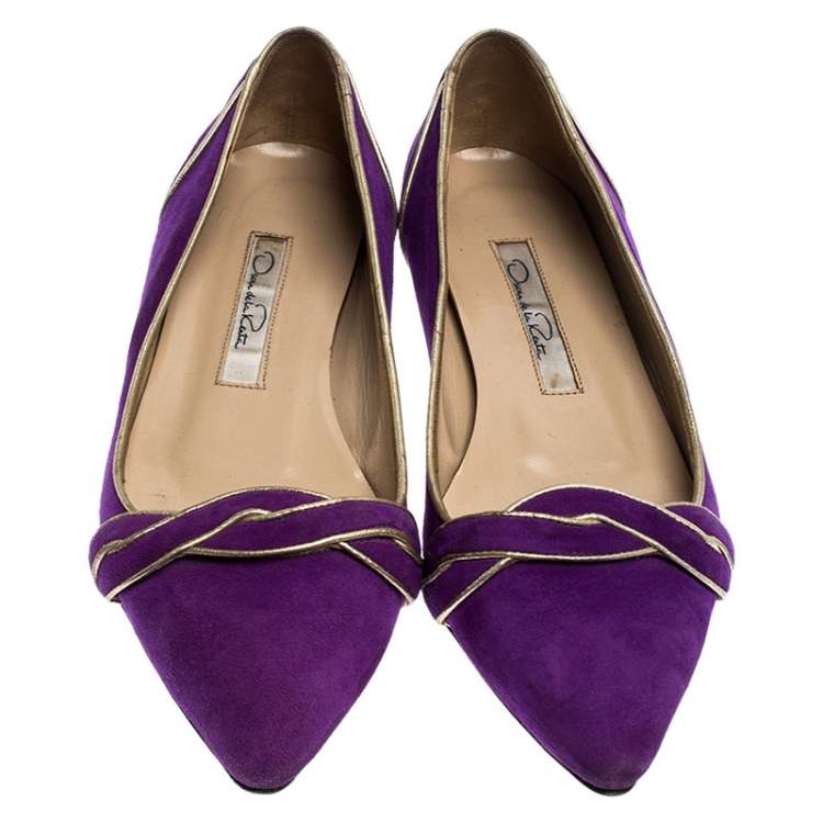 Pre Owned Oscar de la Renta Purple Twisted Suede Pointed Toe Ballets Flats Size 37.5