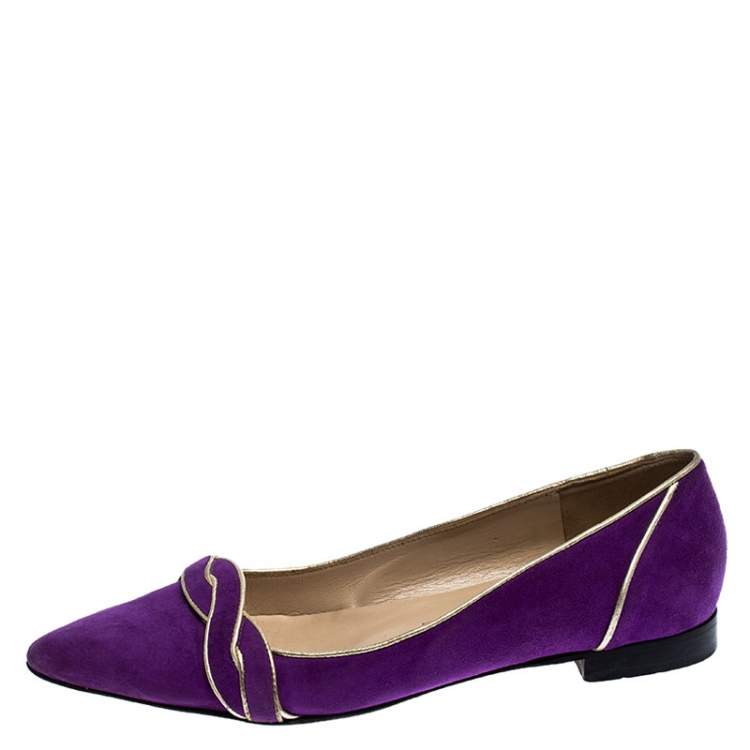 Pre Owned Oscar de la Renta Purple Twisted Suede Pointed Toe Ballets Flats Size 37.5