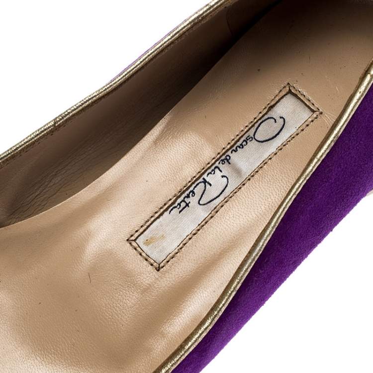 Pre Owned Oscar de la Renta Purple Twisted Suede Pointed Toe Ballets Flats Size 37.5