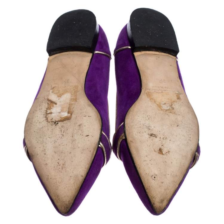 Pre Owned Oscar de la Renta Purple Twisted Suede Pointed Toe Ballets Flats Size 37.5