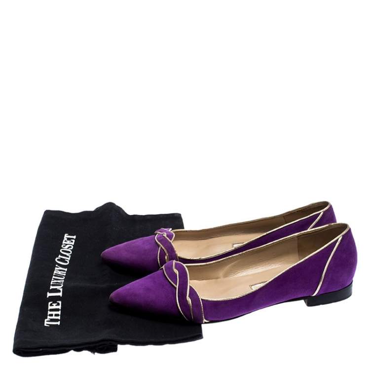 Pre Owned Oscar de la Renta Purple Twisted Suede Pointed Toe Ballets Flats Size 37.5