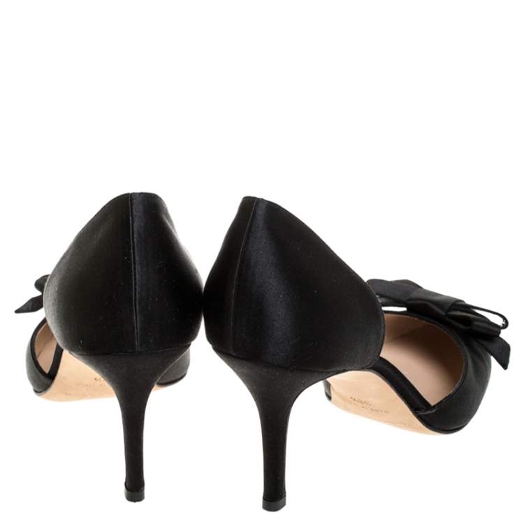 Pre Owned Oscar de la Renta Black Satin Bow Heel Pumps Size 38.5