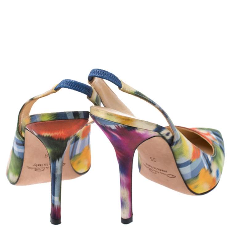 Pre Owned Oscar de la Renta Multicolor Abstract Print Satin Pointed Toe Sandals Size 36