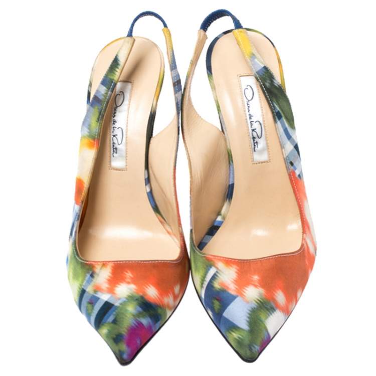 Pre Owned Oscar de la Renta Multicolor Abstract Print Satin Pointed Toe Sandals Size 36
