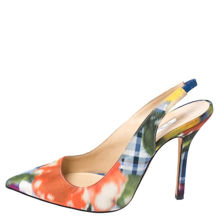 Pre Owned Oscar de la Renta Multicolor Abstract Print Satin Pointed Toe Sandals Size 36