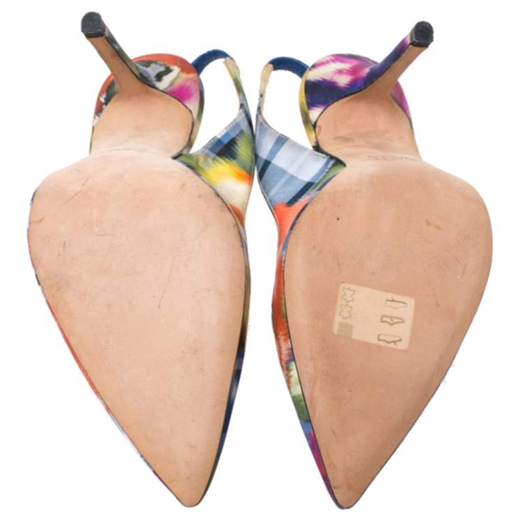 Pre Owned Oscar de la Renta Multicolor Abstract Print Satin Pointed Toe Sandals Size 36