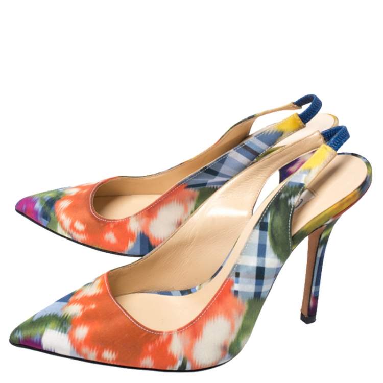 Pre Owned Oscar de la Renta Multicolor Abstract Print Satin Pointed Toe Sandals Size 36