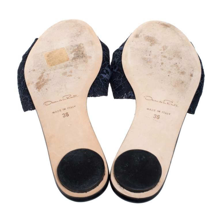 Pre Owned Oscar de la Renta Blue Lace Mia Crystal Embellished Flat Slides Size 36