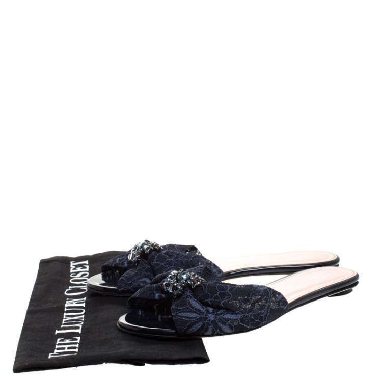 Pre Owned Oscar de la Renta Blue Lace Mia Crystal Embellished Flat Slides Size 36