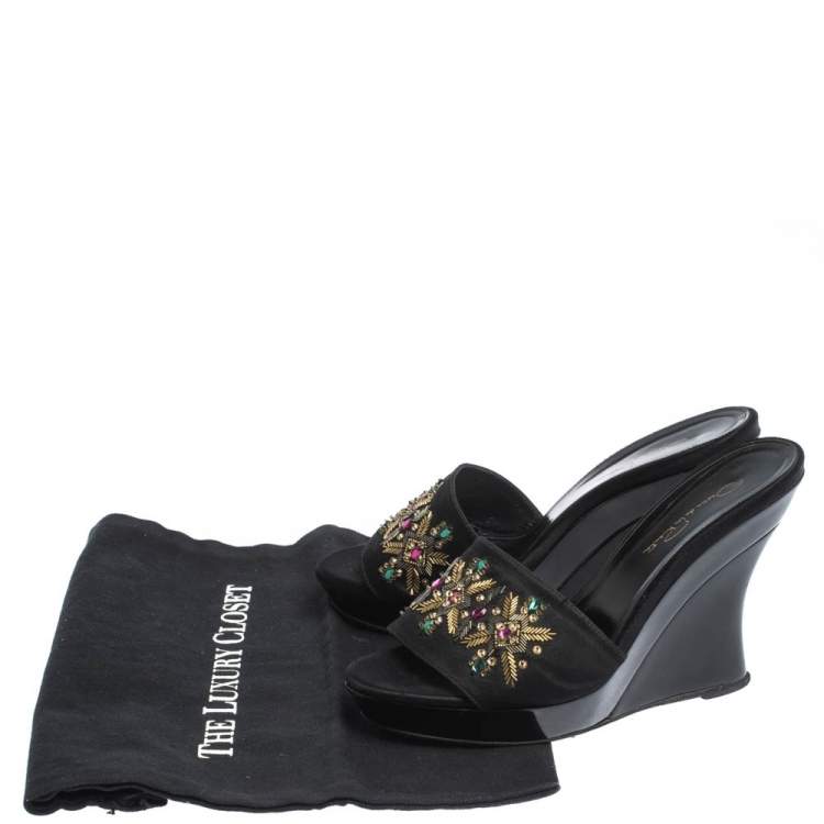 Pre Owned Oscar de la Renta Black Satin Embellished Wedge Open Toe Platform Sandals Size 38