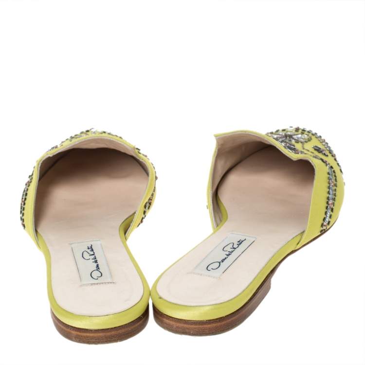 Pre Owned Oscar de la Renta Yellow Satin Embellished Flat Mule Sandals Size 37