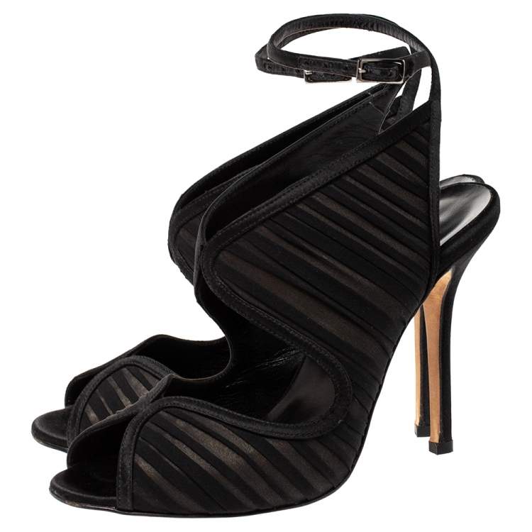 Pre Owned Oscar de la Renta Black Satin and Fabric Suzy Ankle Strap Sandals Size 38.5