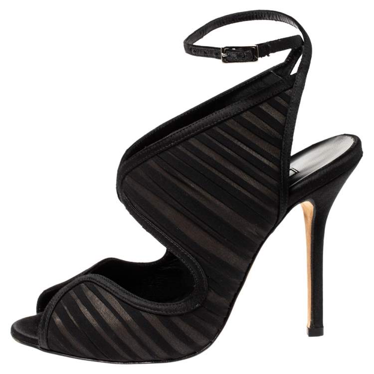 Pre Owned Oscar de la Renta Black Satin and Fabric Suzy Ankle Strap Sandals Size 38.5