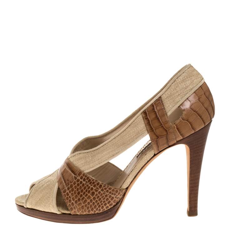 Pre Owned Oscar de la Renta Beige Woven Raffia and Brown Snake Print Leather Peep Toe Pumps Size 38
