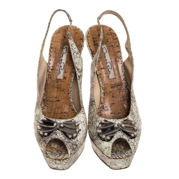 Pre Owned Oscar de la Renta White/Black Snake Print Leather Slingback Platform Peep Toe Sandals Size 37