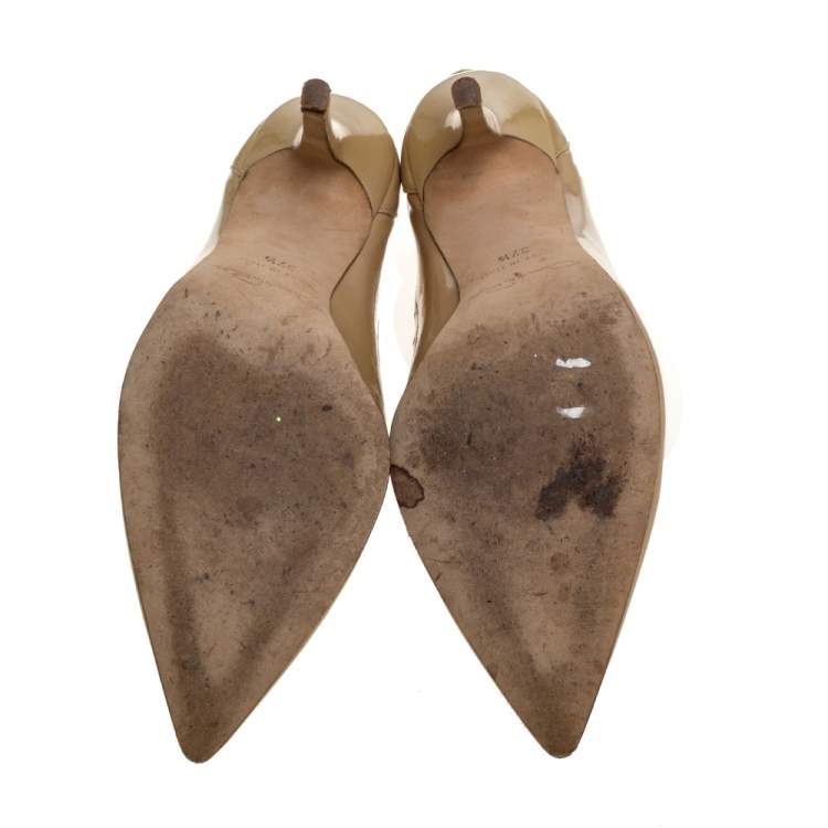 Pre Owned Oscar de la Renta Beige Patent Leather Laser Cut Fernanda Ankle Booties Size 37.5