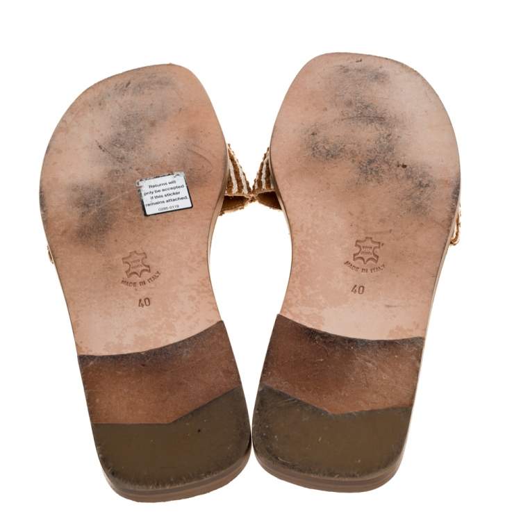 Pre Owned Oscar de la Renta Brown Stripe Raffia Slide Flat Sandals Size 40