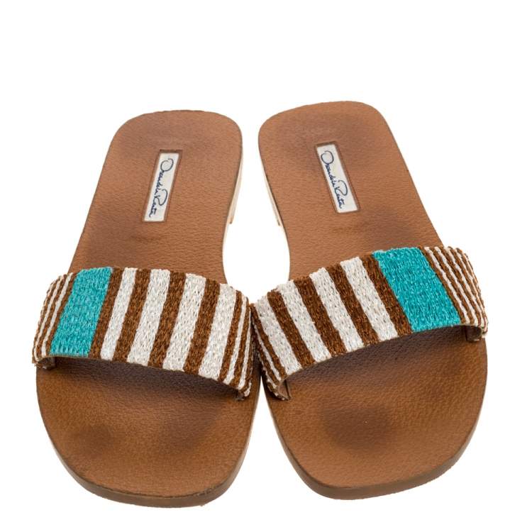 Pre Owned Oscar de la Renta Brown Stripe Raffia Slide Flat Sandals Size 40