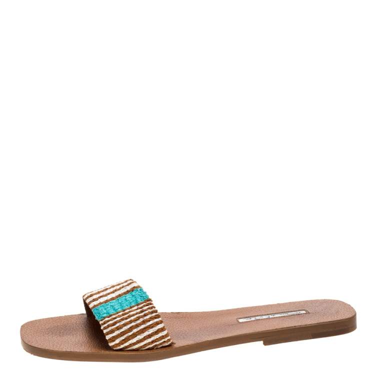 Pre Owned Oscar de la Renta Brown Stripe Raffia Slide Flat Sandals Size 40