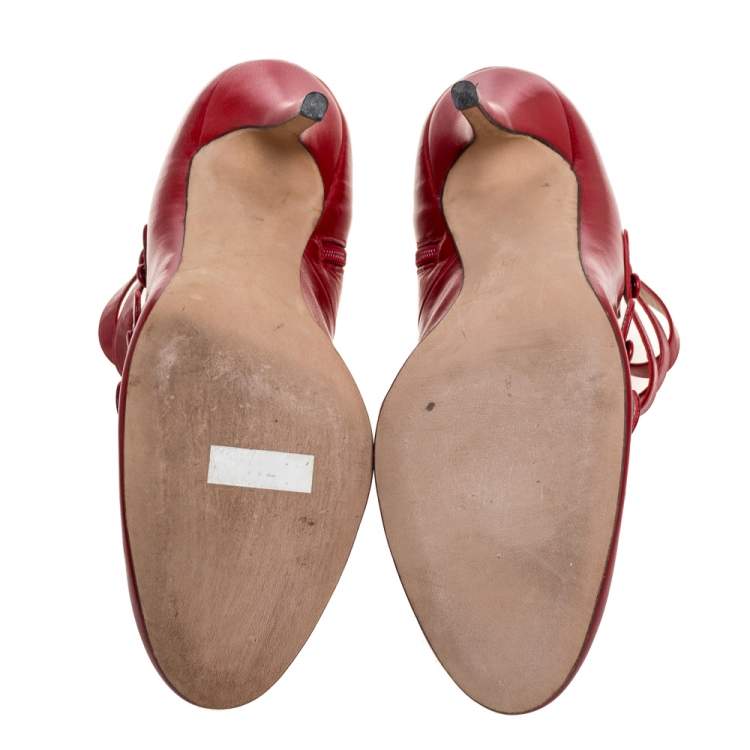 Pre Owned Oscar de la Renta Red Leather Strappy Ankle Booties Size 41