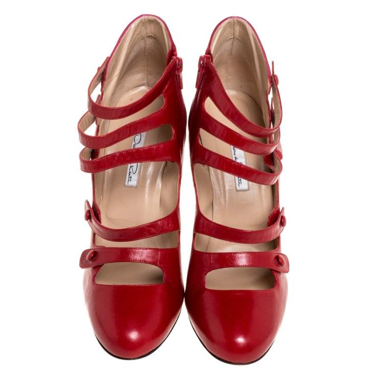 Pre Owned Oscar de la Renta Red Leather Strappy Ankle Booties Size 41