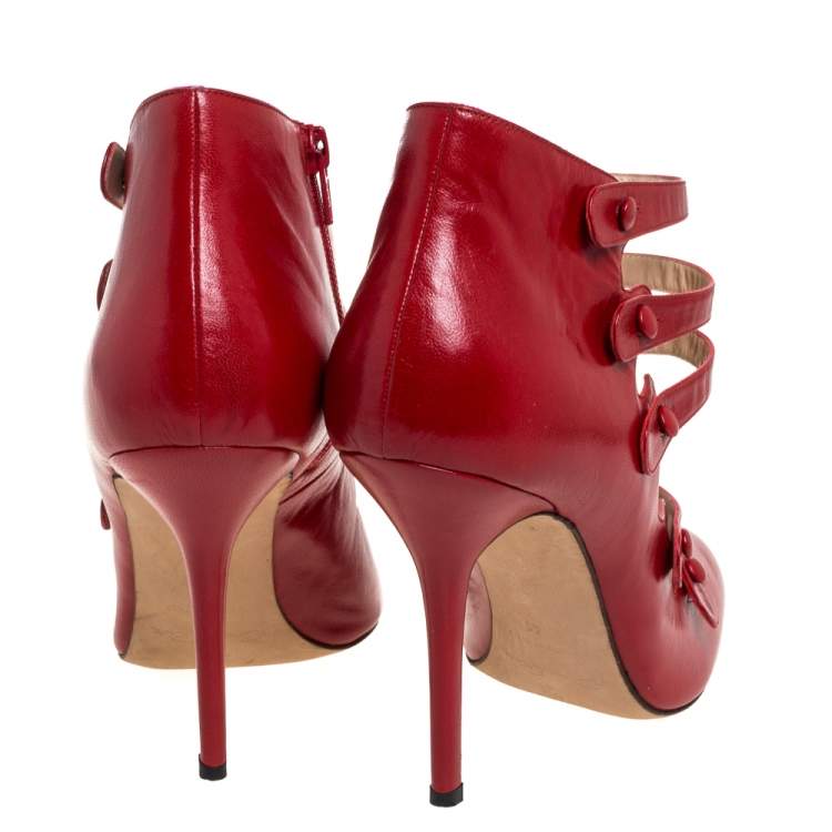 Pre Owned Oscar de la Renta Red Leather Strappy Ankle Booties Size 41