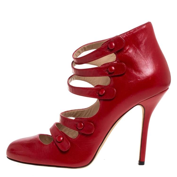 Pre Owned Oscar de la Renta Red Leather Strappy Ankle Booties Size 41