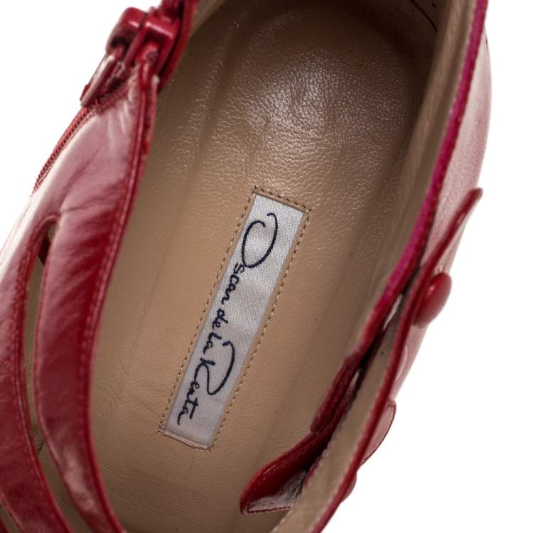 Pre Owned Oscar de la Renta Red Leather Strappy Ankle Booties Size 41