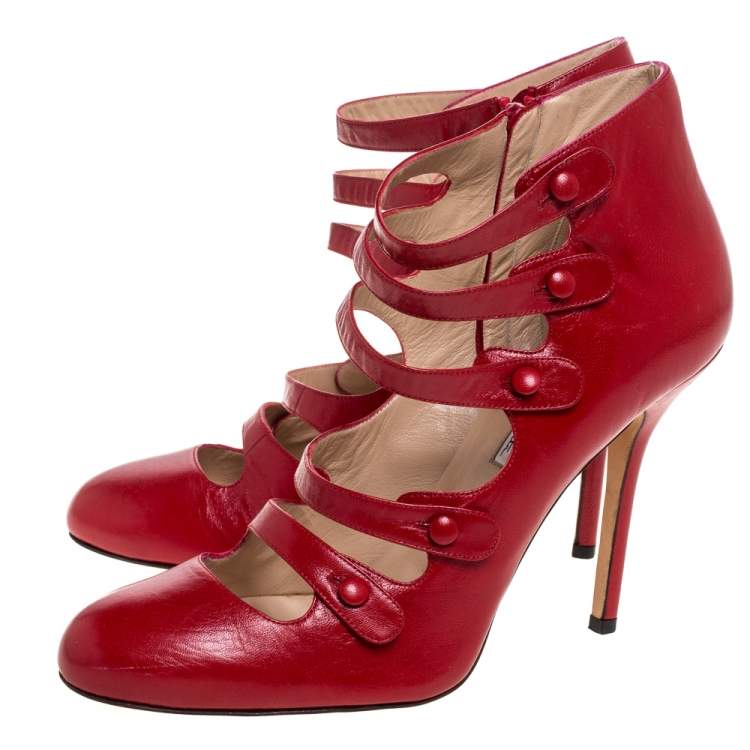 Pre Owned Oscar de la Renta Red Leather Strappy Ankle Booties Size 41