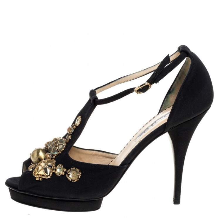 Pre Owned Oscar de la Renta Black Fabric Embellished Platform Ankle Strap Sandals 39.5