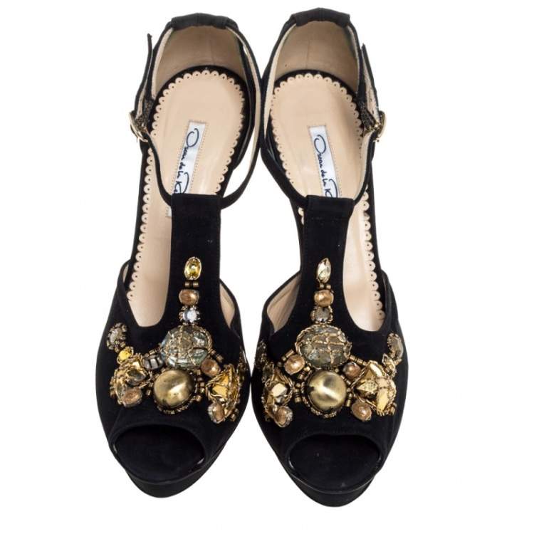 Pre Owned Oscar de la Renta Black Fabric Embellished Platform Ankle Strap Sandals 39.5