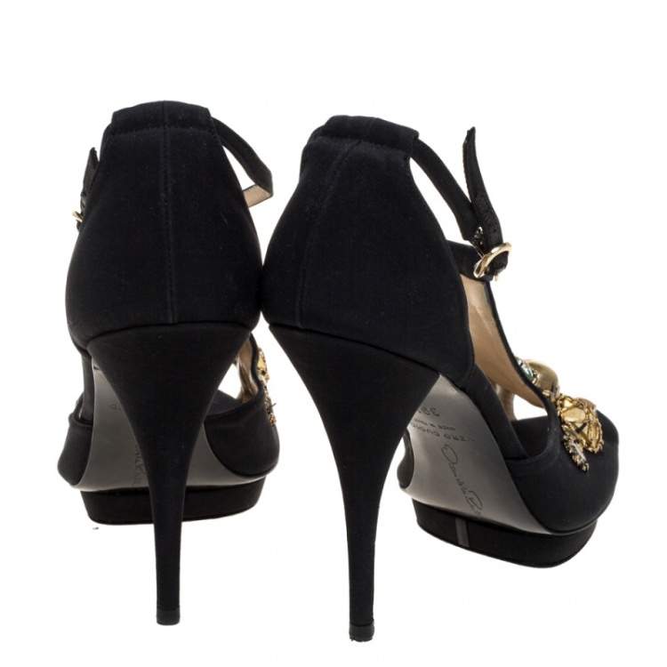 Pre Owned Oscar de la Renta Black Fabric Embellished Platform Ankle Strap Sandals 39.5