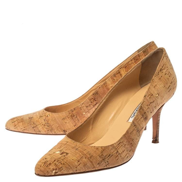 Pre Owned Oscar De La Renta Beige Cork Pointed Toe Pumps Size 40