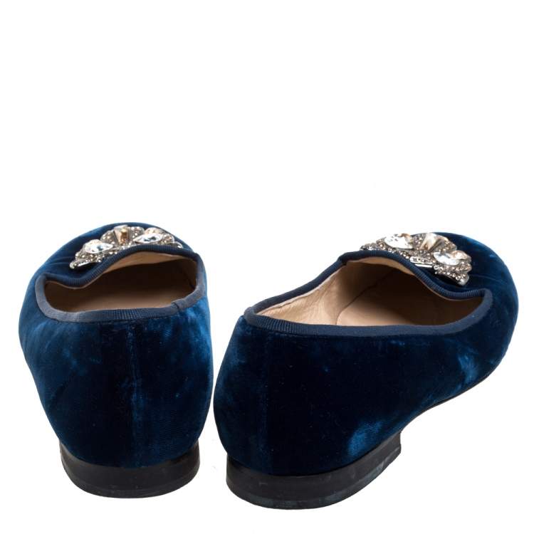 Pre Owned Oscar De La Renta Blue Velvet Blair Catface Smoking Ballet Flats Size 38