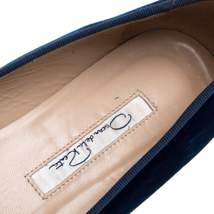 Pre Owned Oscar De La Renta Blue Velvet Blair Catface Smoking Ballet Flats Size 38