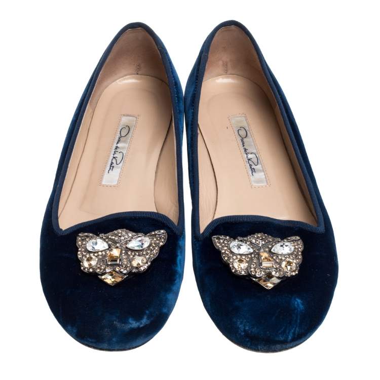 Pre Owned Oscar De La Renta Blue Velvet Blair Catface Smoking Ballet Flats Size 38