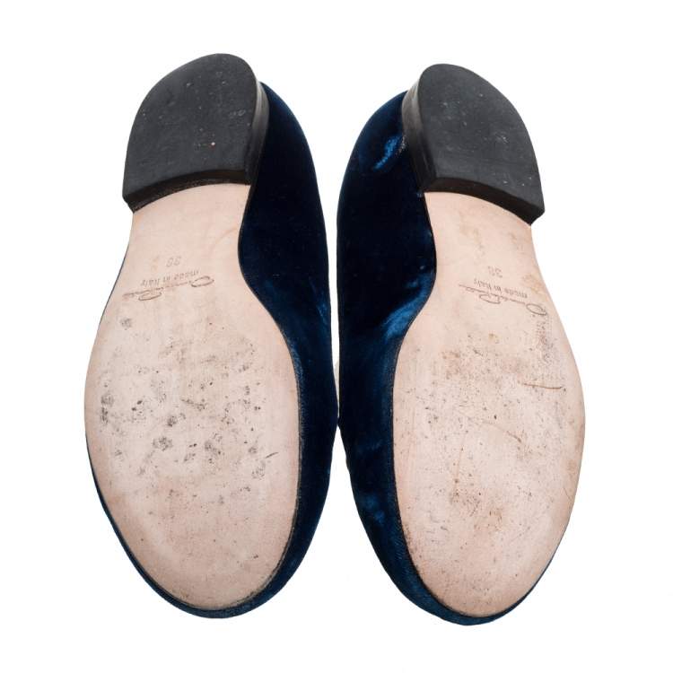 Pre Owned Oscar De La Renta Blue Velvet Blair Catface Smoking Ballet Flats Size 38