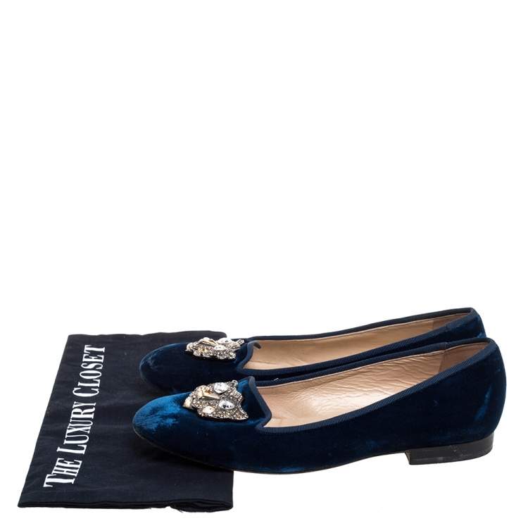 Pre Owned Oscar De La Renta Blue Velvet Blair Catface Smoking Ballet Flats Size 38