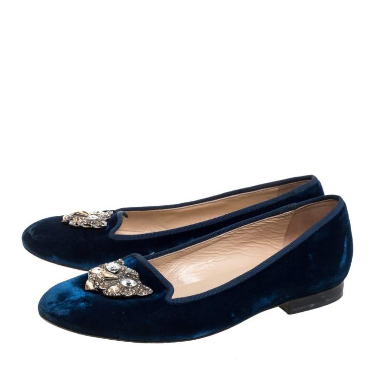 Pre Owned Oscar De La Renta Blue Velvet Blair Catface Smoking Ballet Flats Size 38