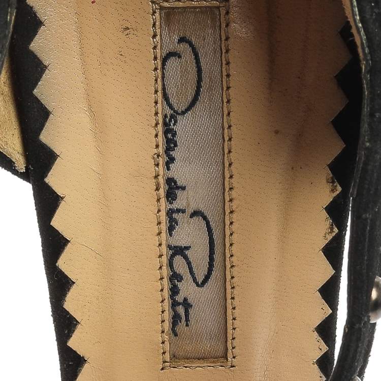 Pre Owned Oscar de la Renta Black Lace And Suede Platform Studded Peep Toe Zipper Sandals Size 38