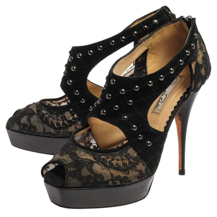 Pre Owned Oscar de la Renta Black Lace And Suede Platform Studded Peep Toe Zipper Sandals Size 38