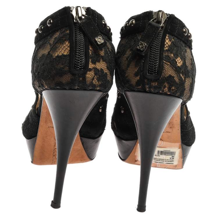 Pre Owned Oscar de la Renta Black Lace And Suede Platform Studded Peep Toe Zipper Sandals Size 38