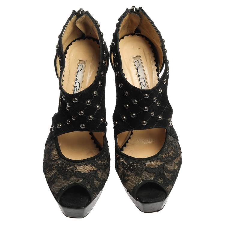 Pre Owned Oscar de la Renta Black Lace And Suede Platform Studded Peep Toe Zipper Sandals Size 38