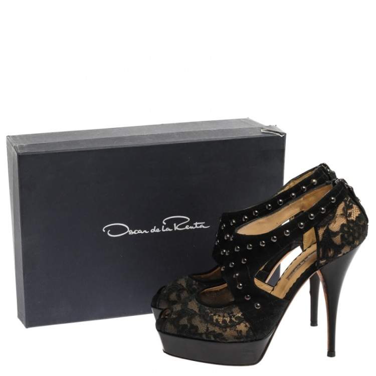 Pre Owned Oscar de la Renta Black Lace And Suede Platform Studded Peep Toe Zipper Sandals Size 38
