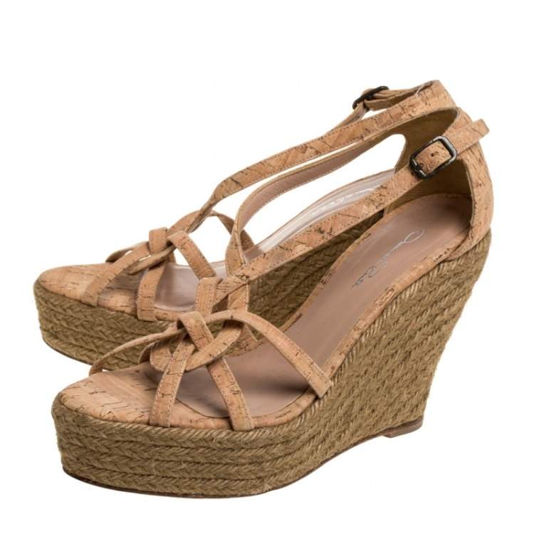 Pre Owned Oscar de la Renta Beige Cork Espadrille Platform Wedge Sandals Size 36